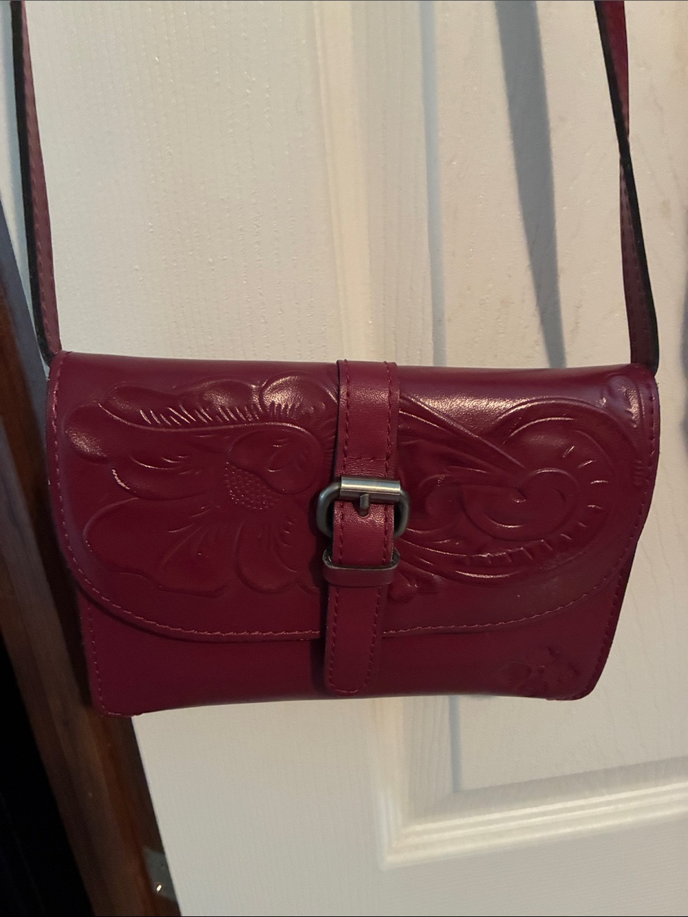 Patricia Nash Embossed Floral Leather Mini Crossbody - Burgundy